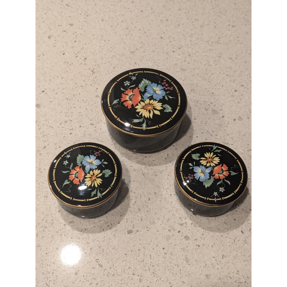 3 X Vintage Villeroy & Boch Xenia Covered Trinket Box Black Floral Porcelain